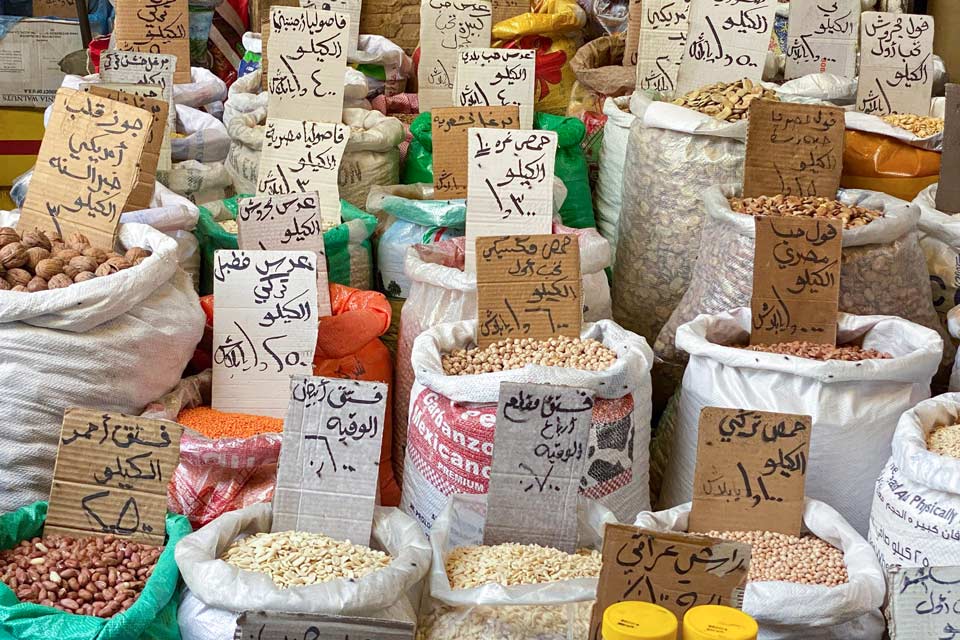 Food staples for sale at a market in Jordan.