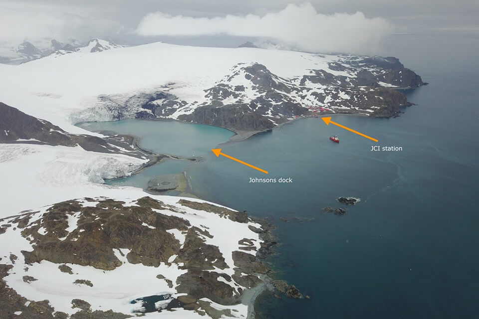 An image of Antarctica showing where Johnsons Dock is located.