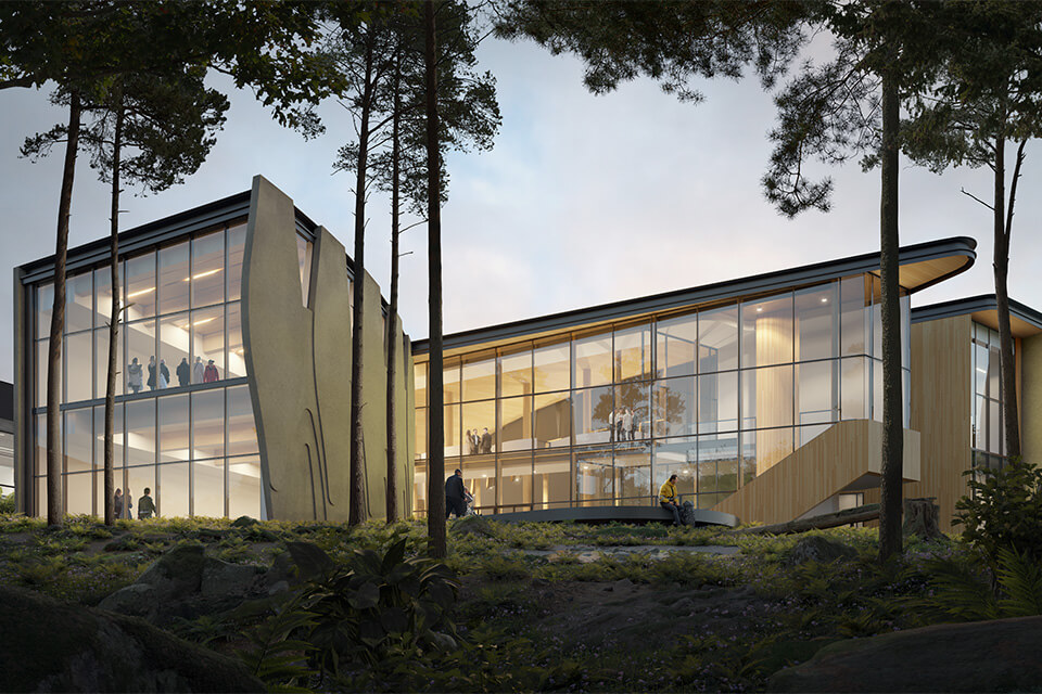 Architectural rendering ⁣of the back view of the new NCIL as seen from the woods.