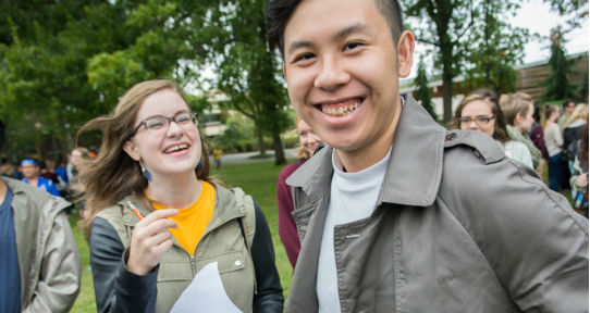 An orientation tour leader and a new student