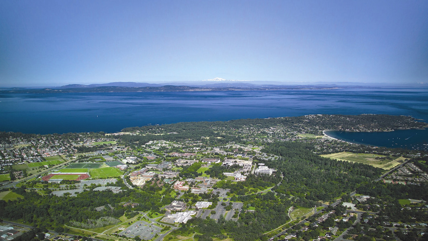 Birds-eye-view image of the University of Victoria campus