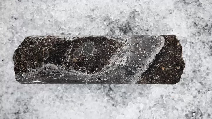 A core of basalt rock showing carbonate mineral deposits.