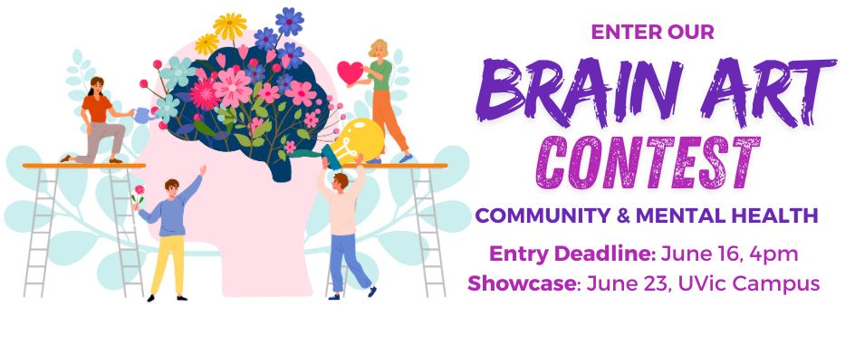 Graphic advertising IALH Brain Art Contest depicting a brain growing flowers, tended to by four people.