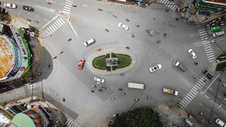 aerial view of a traffic roundabout