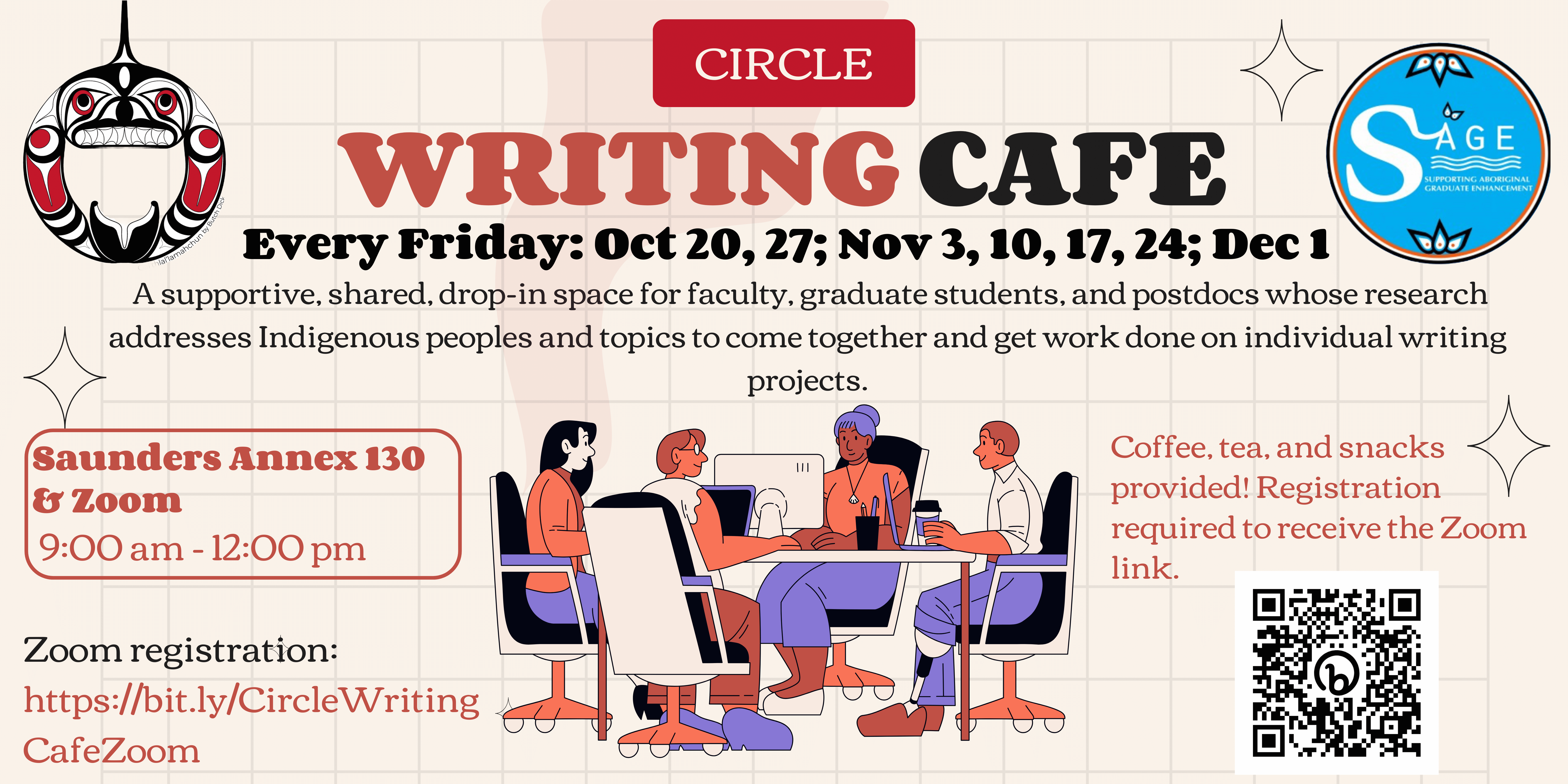 Pink poster describing the weekly Writing Cafes