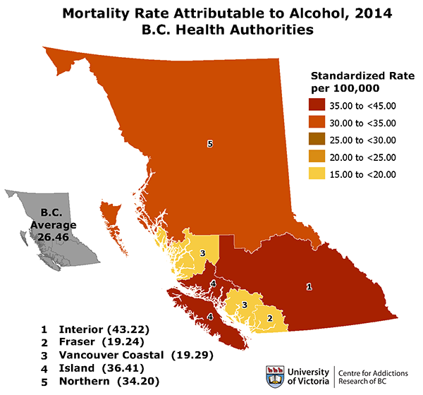 alcohol-attributable deaths in BC in 2014 by HA