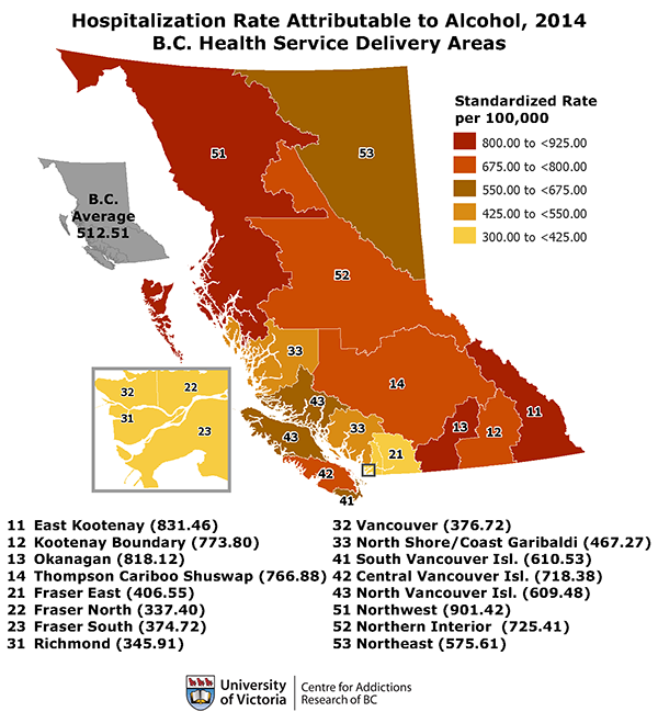 alcohol-attributable hospitalizations in BC in 2014 by HSDA