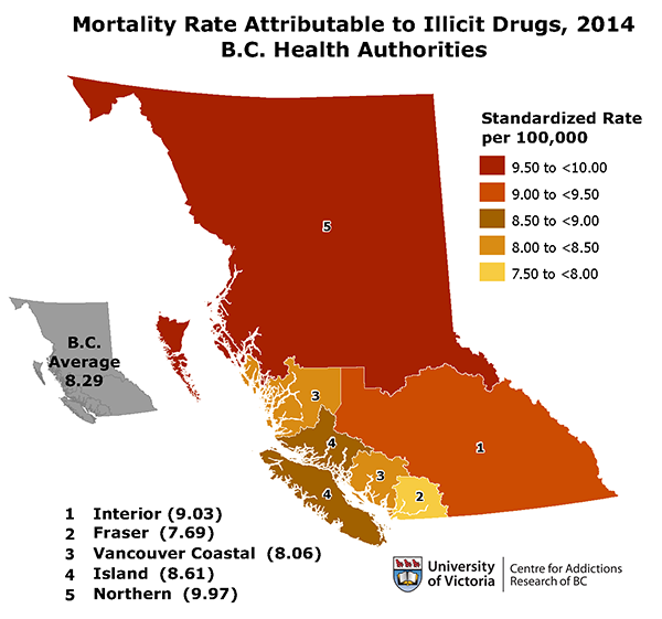 map of illicit drug use deaths in BC by Health Authority