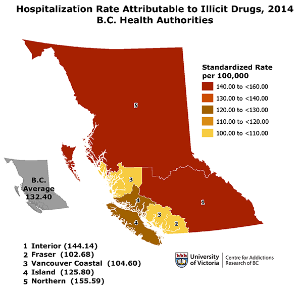 map of illicit drug use hospitalizations in BC by Health Authority