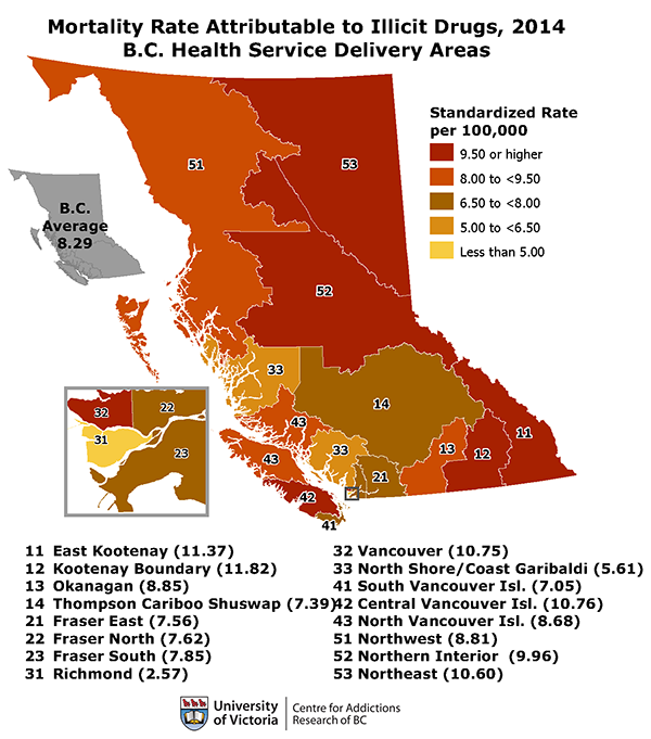 map of illicit drug use deaths in BC by HSDA