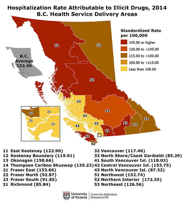 map of illicit drug use hospitalizations in BC by HSDA