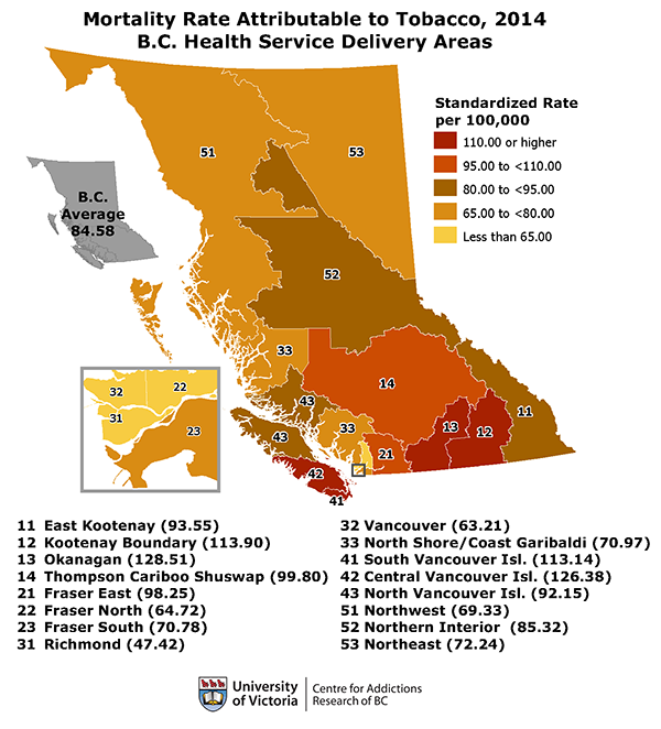 tobacco-attributable deaths in BC in 2014 by HSDA