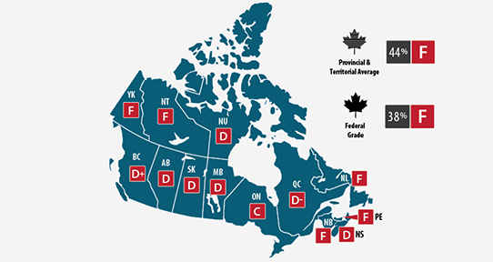 A blue map of Canada with red lettergrades on each province and territory representing alcohol policy scores