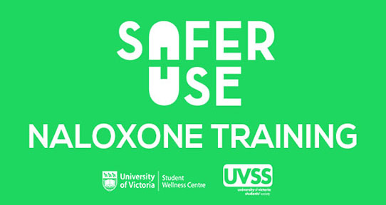 A green poster with white text that says "safer use naloxone training." Logos for the University of Victoria Student Society and the Student Wellness Centre are on the bottom.