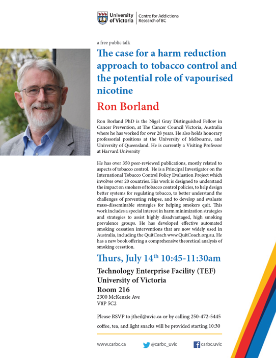 poster for Ron Borland talk July 14th at UVic
