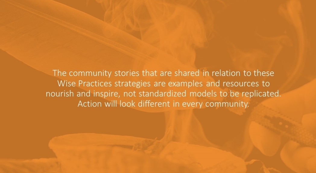 White text on an orange background reading: The community stories that are shared in relation to these Wise Practices strategies are examples and resources to nourish and inspire, not standardized models to be replicated. Action will look different in every community.