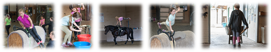 A series of photos of children doing various equestrian vaulting skills.