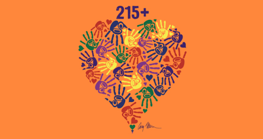 Colourful hands painted in the shape of a heart on an orange background. The number 215+ is on top of the heart.