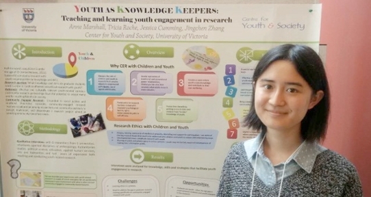 Jingchen (Tiffany) Zhang, CFYS Research Assistant who came to Victoria from Beijing as a MITACS Global Intern, with a research poster.