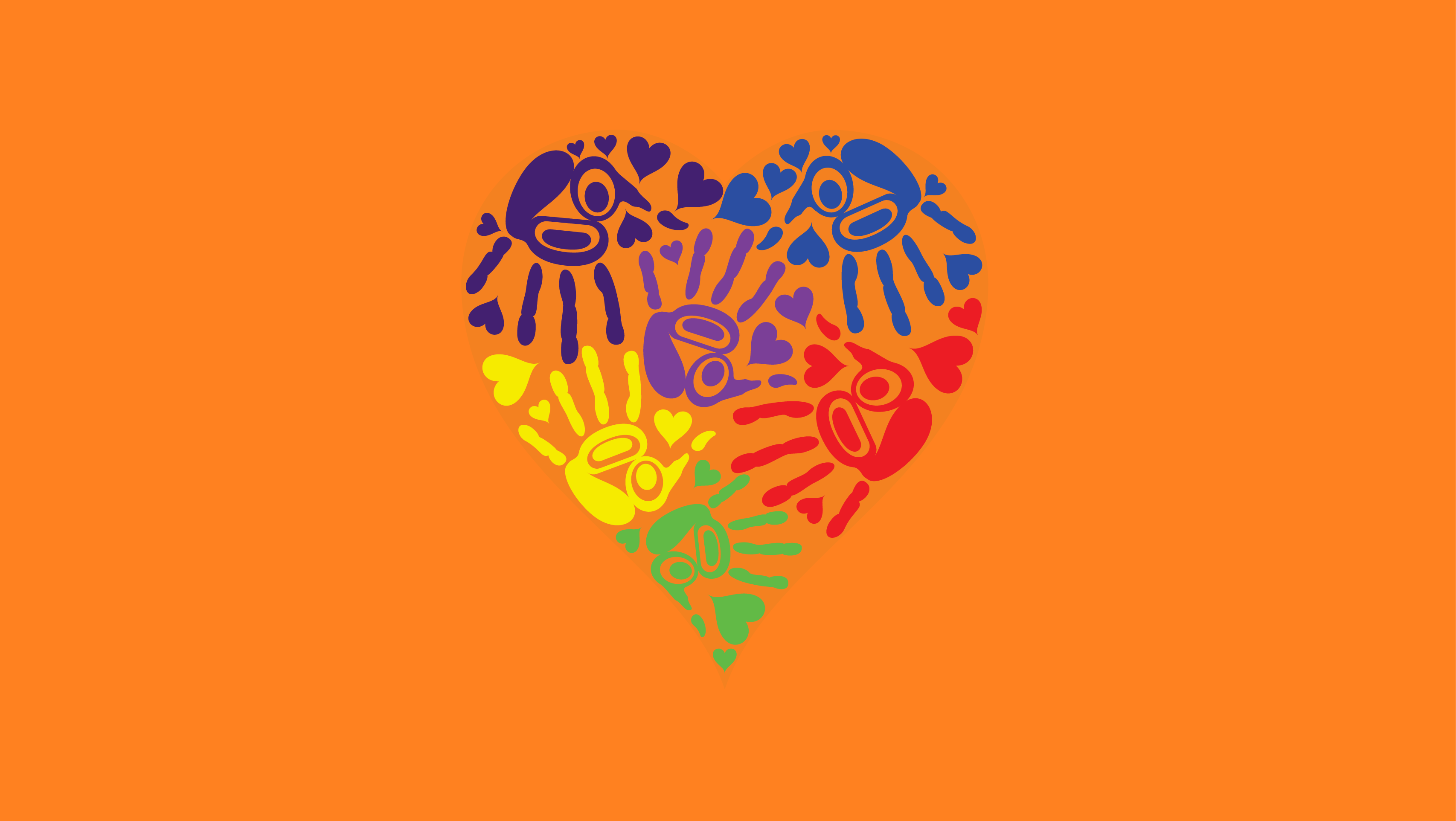 Colourful hands painted in the shape of a heart on an orange background. The number 215+ is on top of the heart.