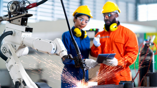 Two workers oversee a cutting machine in operation