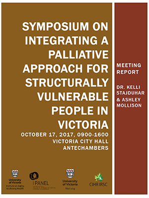 A brown and red report cover with the text: "Symposium on integrating a palliative approach for structurally vulnerable people in Victoria" in large uppercase letters
