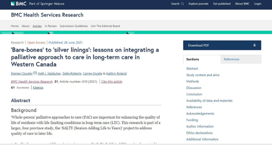 Screenshot of paper title ‘Bare-bones’ to ‘silver linings’: lessons on integrating a palliative approach to care in long-term care in Western Canada 