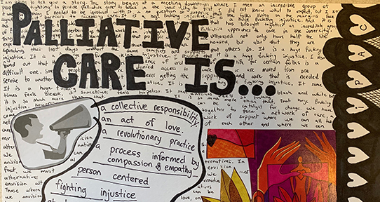 A handwritten zine that says "palliative care is..." on the cover.