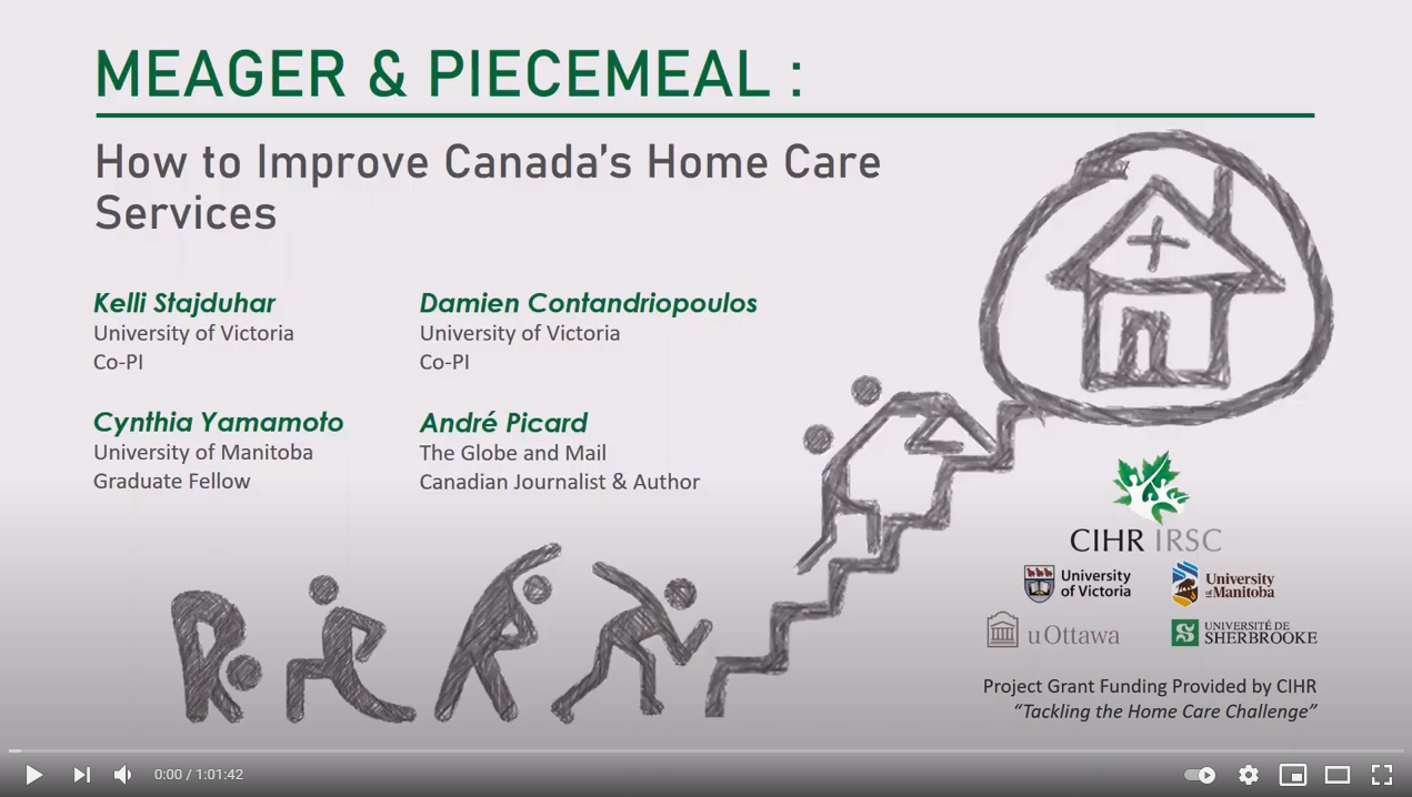 A screenshot of the title screen of a talk called "Meager & Piecemeal: How to improve Canada's home care services." There is green and grey text on a white background, with a pencil drawing of human figures stretching and then walking up a staircase to a house.