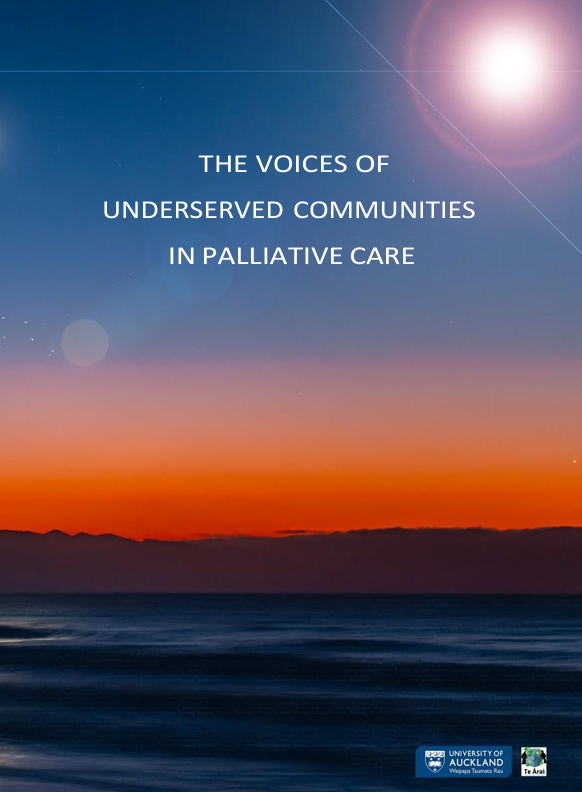 A report cover featuring an image of a red sunrise over a blue ocean horizon. The report title reads: "The Voices of Underserved Communities in Palliative Care." 