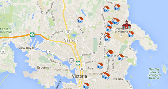 Google map of Victoria showing rental listings from Places4Students.com