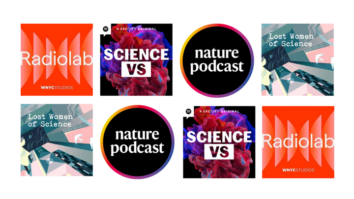 Podcast cover art for Radiolab, Science vs, Nature podcast and Lost Women of Science