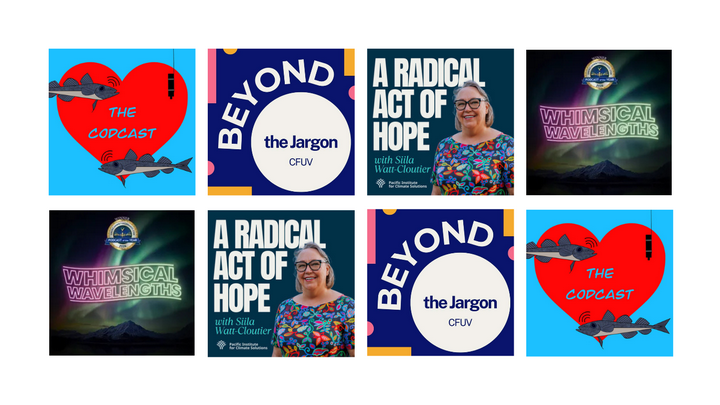 Podcast art for the Codcast, Beyond the Jargon, Radical Act of Hope and Whimsical Waves