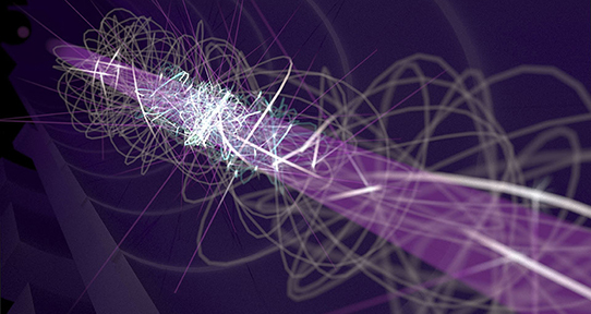 An artistic illustration of the movement of an antihydrogen atom in the ALPHA magnetic trap, before and after laser cooling (grey before, blue after). The images show various lengths of the antihydrogen's track. CREDIT: Chukman So/TRIUMF