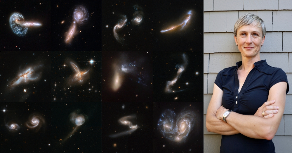 12 interacting galaxies displayed in a grid; on the right Sara Ellison smiles