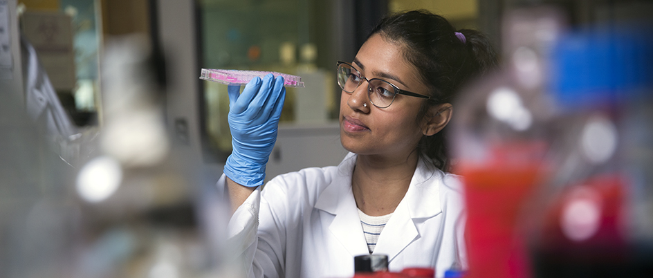 Student Sarah Khan in a lab looking at samples