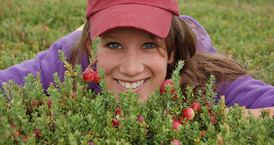 Olivia McMillan lying in a field of cranberries