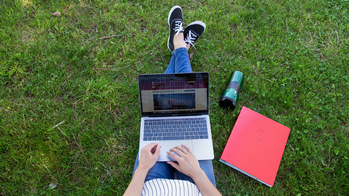Person on grass with a computer.
