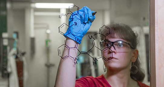 Woman drawing chemical structures on a mirror with a marker