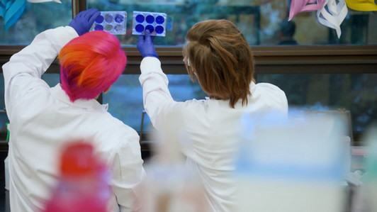 Viewed from behind scientists in white lab coats hold up blue growth plates 