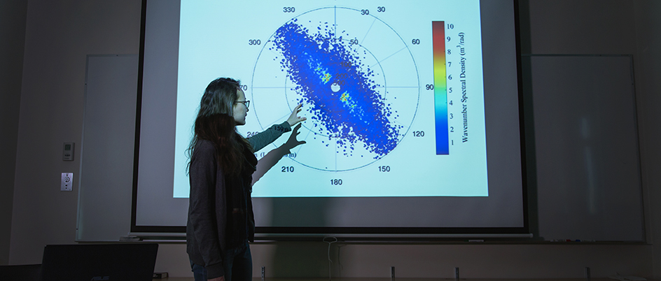 Woman pointing at an image being projected onto a screen