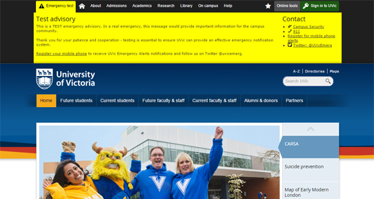 UVic home page during a test emergency