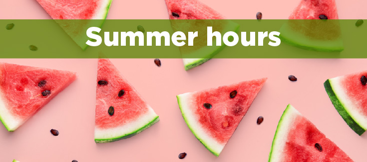 Summer Catering hours on a bright pink background with watermelon slices.