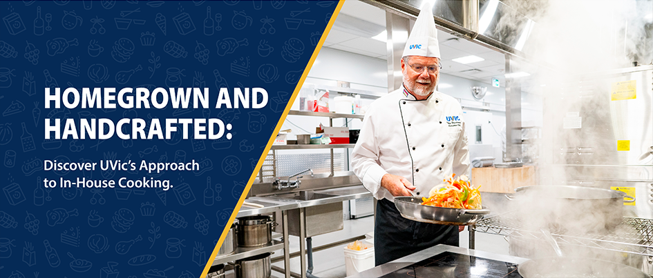 A chef cooking in a kitchen with the words Homegrown and Handcrafted beside him.