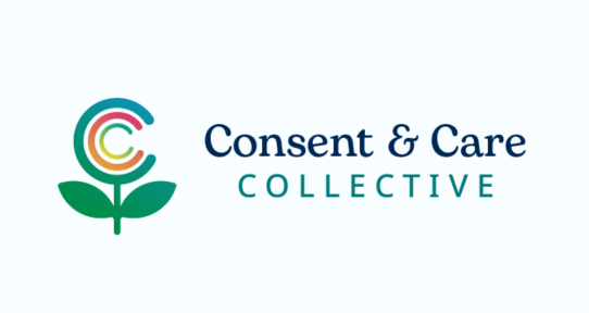 Image of the CCC rainbow flower logo with text that says Consent and Care Collective