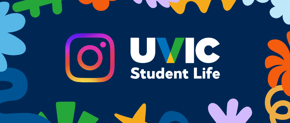Graphic of an Instagram icon next to UVic Student Life text with colourful abstract shapes around the graphic.