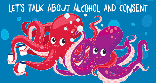 A red octopus with an arm wrapped around a purple octopus with drinks in the red octopus' hand.