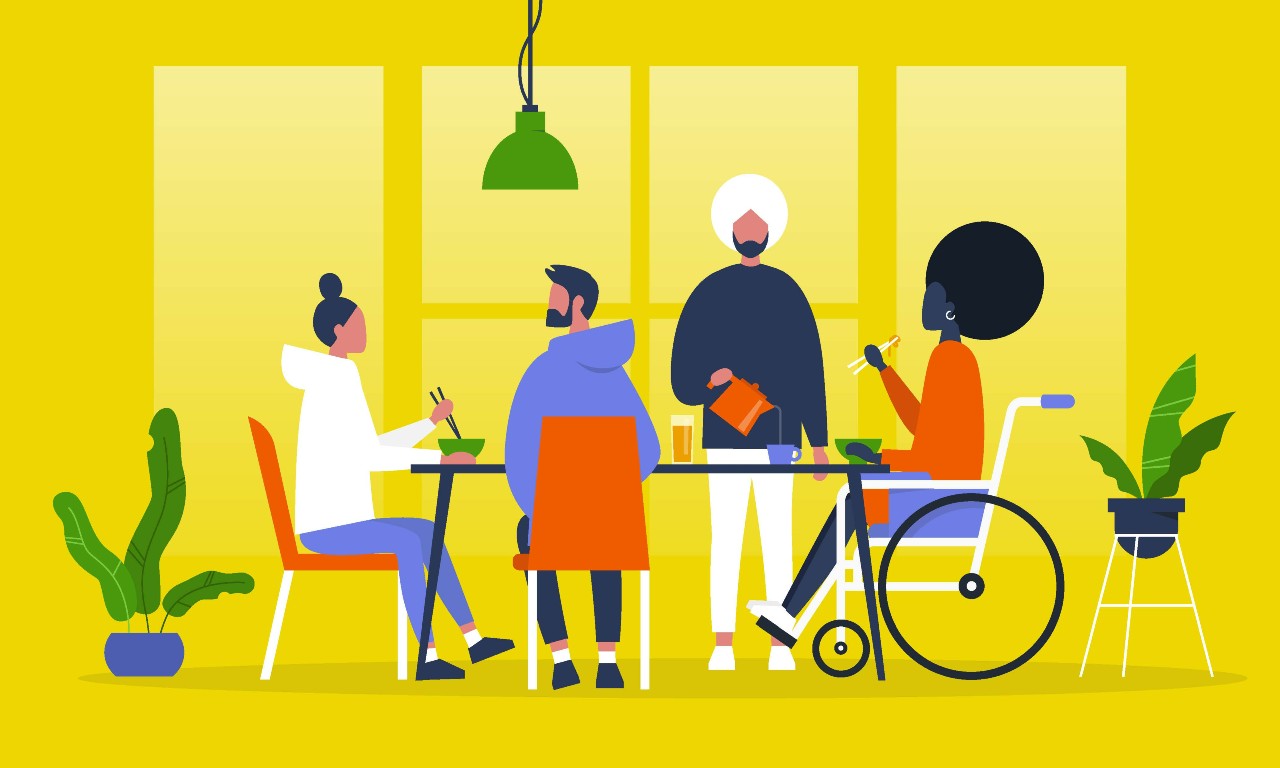 diverse genders, abilities, races, and religions having food together at a table