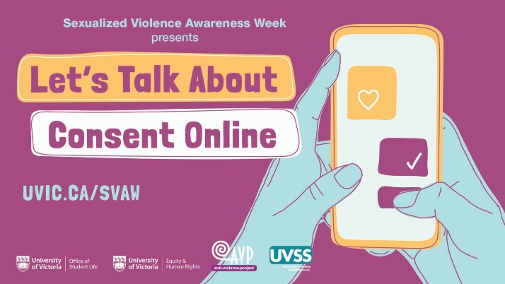 Sexualized Violence Awareness Week 2020 banner with hands texting on a phone