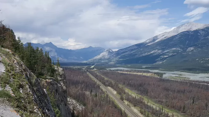 Image from Power House Cliff showing the aftermath of the 2024 Jasper Wildfire Complex in Jasper National Park, Alberta, Canada. Photo credit: Mountain Legacy Project (https://mountainlegacy.ca) under a Creative Commons License.